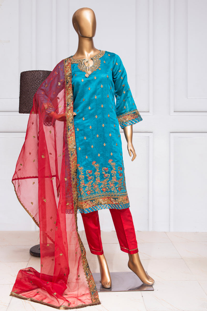 Cotton Net - Stitched Embroidered Kurti & Dupatta with Hand Work - Teal