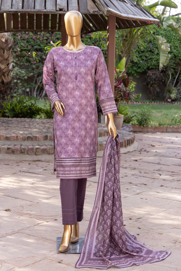 Lawn - Stitched Printed 3piece with Lace work - Plum