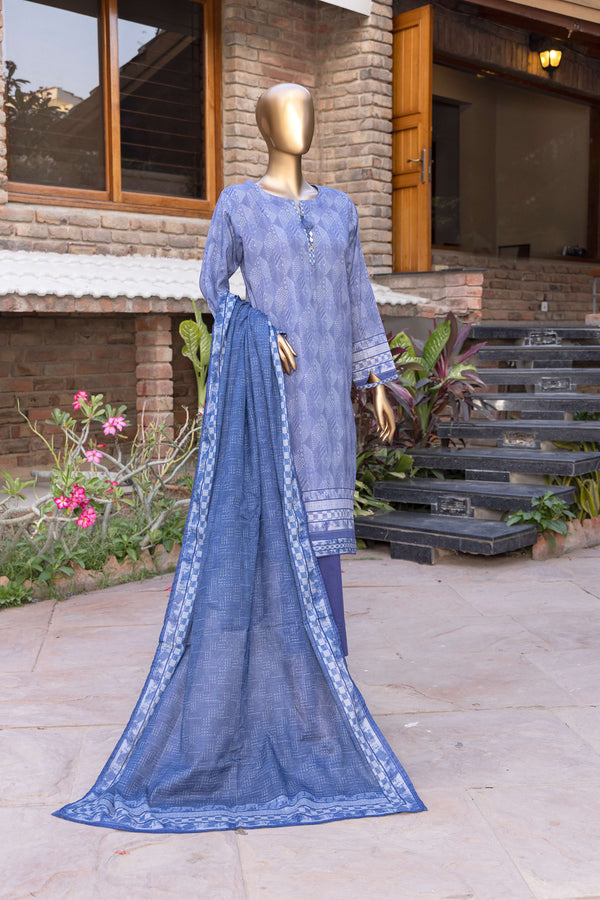 Lawn - Stitched Printed 3piece with Lace work - R.Blue