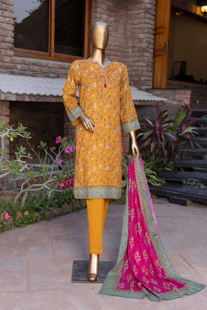 Lawn - Stitched Printed 3piece with Lace work - Yellow