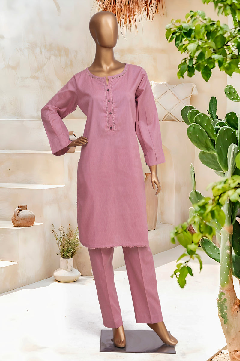 Self Lawn | Solid Co-Ords - Stitched Kurti & Trouser with Lace Work - T.Pink