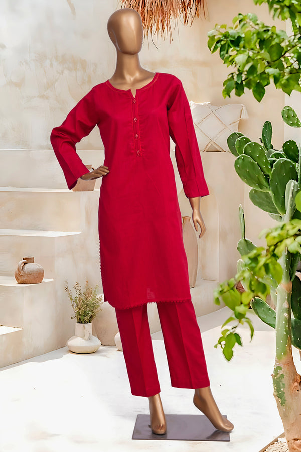 Self Lawn | Solid Co-Ords - Stitched Kurti & Trouser with Lace Work - Red