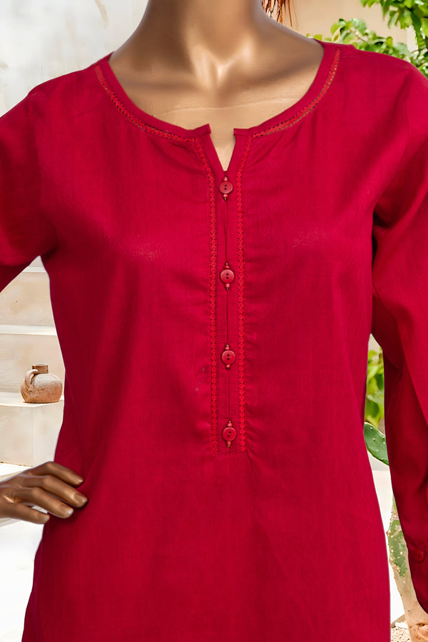 Self Lawn | Solid Co-Ords - Stitched Kurti & Trouser with Lace Work - Red