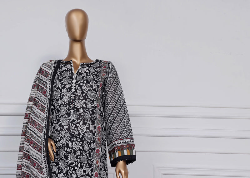 Lawn - Stitched printed 3piece with Lace work - Black and White