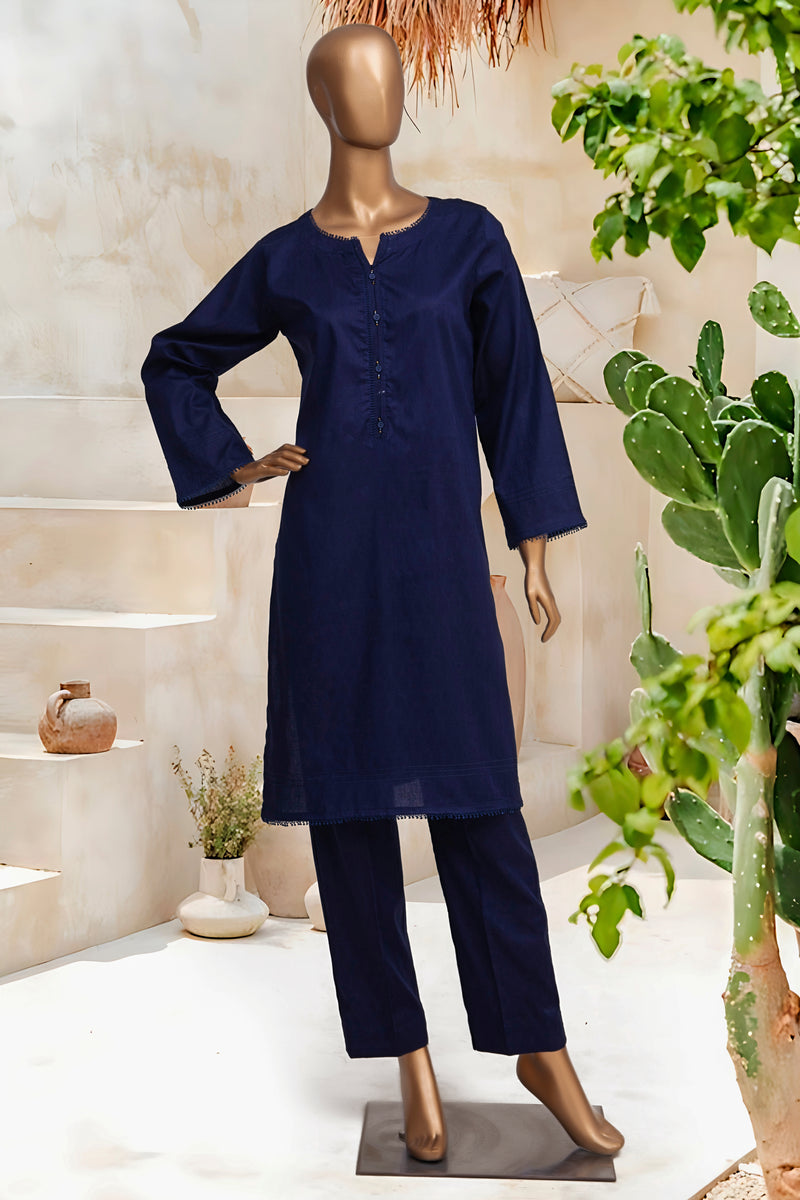 Self Lawn Solid Co-Ords - Stitched Kurti & Trouser with Lace Work - N.Blue