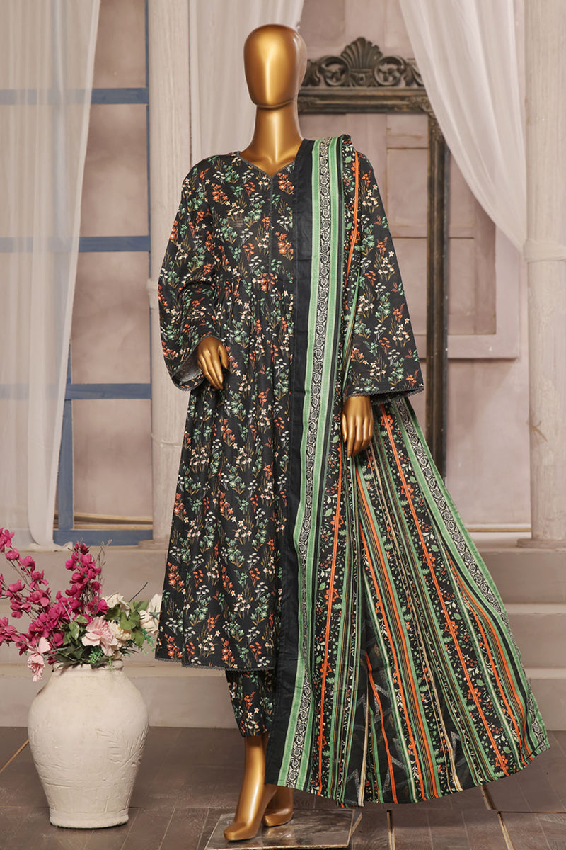 Khaddar - Stitched Printed 3piece Frock - Green