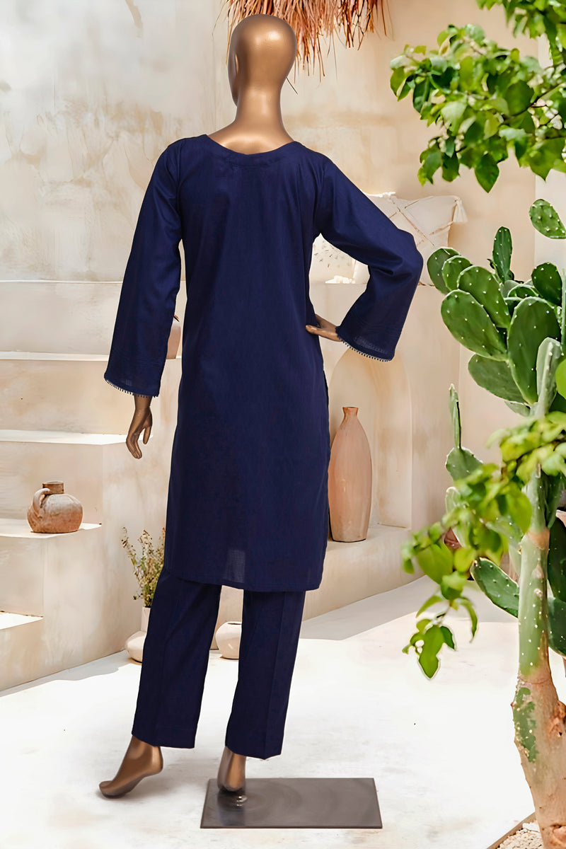 Self Lawn Solid Co-Ords - Stitched Kurti & Trouser with Lace Work - N.Blue