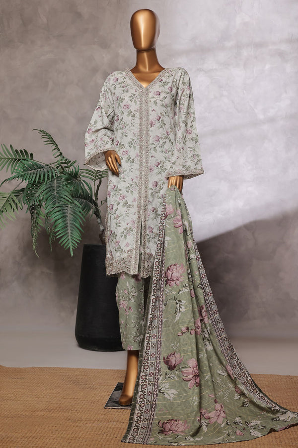 Lawn - Stitched Embroidered 3piece with Lace work - Green