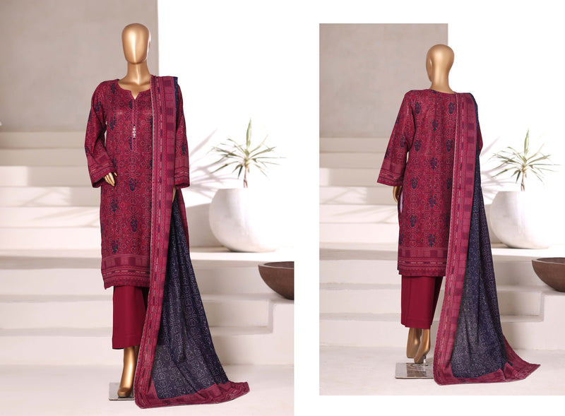 Khaddar - Stitched printed 3piece with Lace work - Red