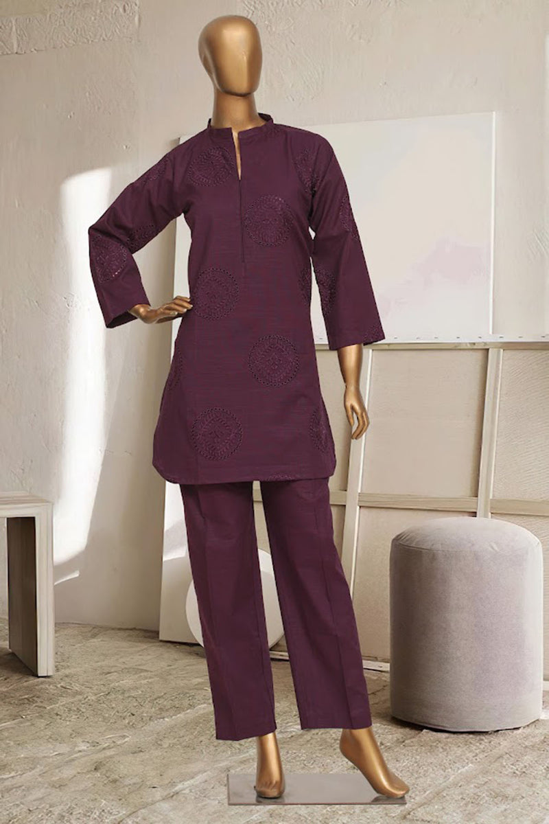 Khaddar Chikan-Kari Co-ords - Stitched kurti & trouser with schiffli work - Purple