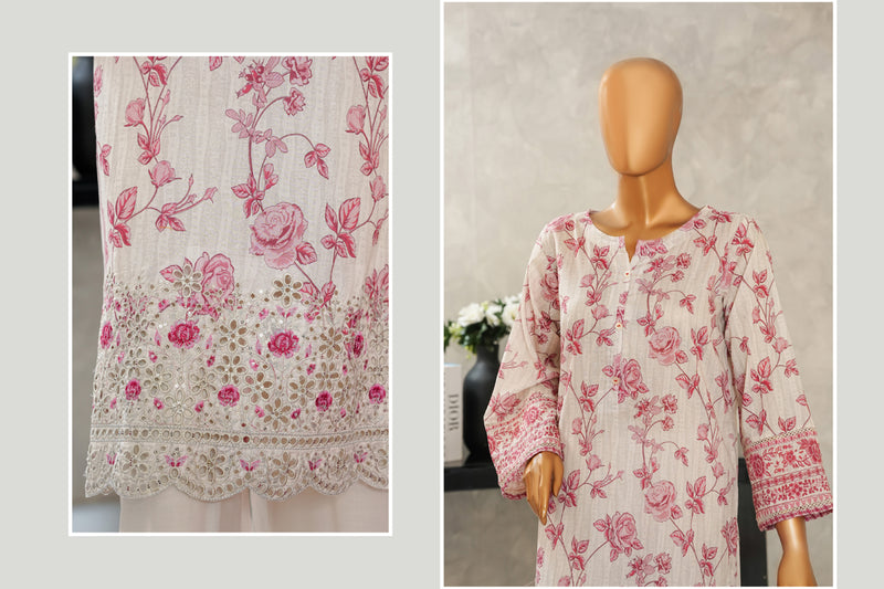 Lawn - Stitched Digital Printed Embroidered 3piece with Boring work - Light Pink