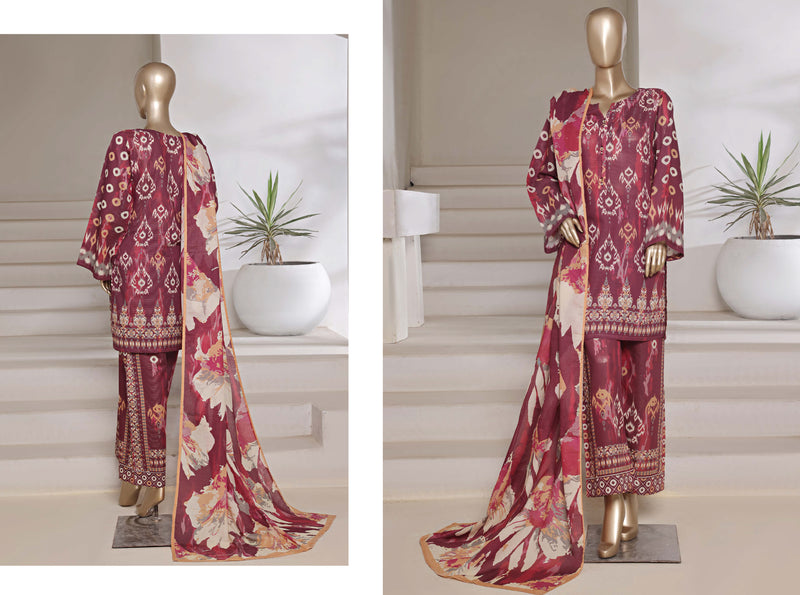 Cotton | Cambric - Ready to wear printed 3piece in tie & Dye Style - Dark maroon