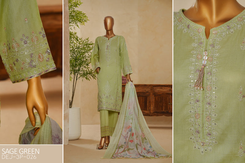 Lawn Jacquard - Stitched Embroidered 3 piece with lace work - Sage Green