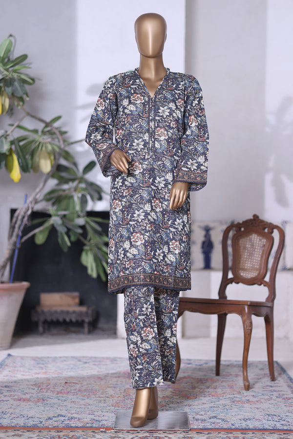 Khaddar Co-Ords - Stitched printed Kurti & trouser with Lace work - Dark Blue