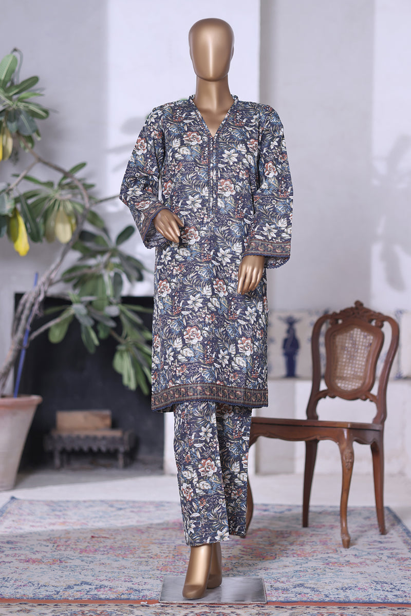 Khaddar Co-Ords - Stitched printed Kurti & trouser with Lace work - Dark Blue