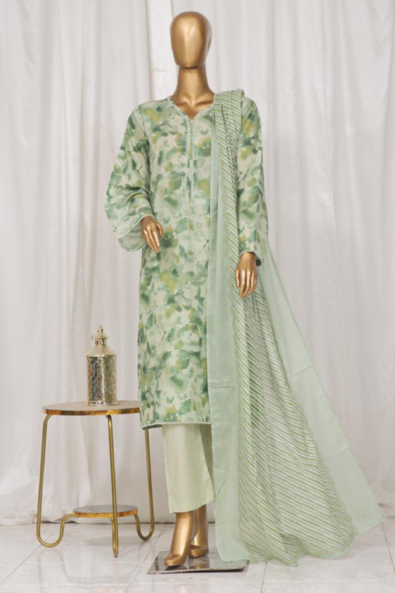 Lawn - Stitched Printed 3piece with Lace work - Green