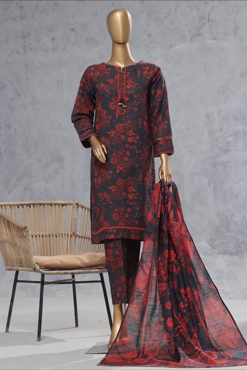 Khaddar - Stitched Printed 3 Piece Suit with Lace work - Rose Black