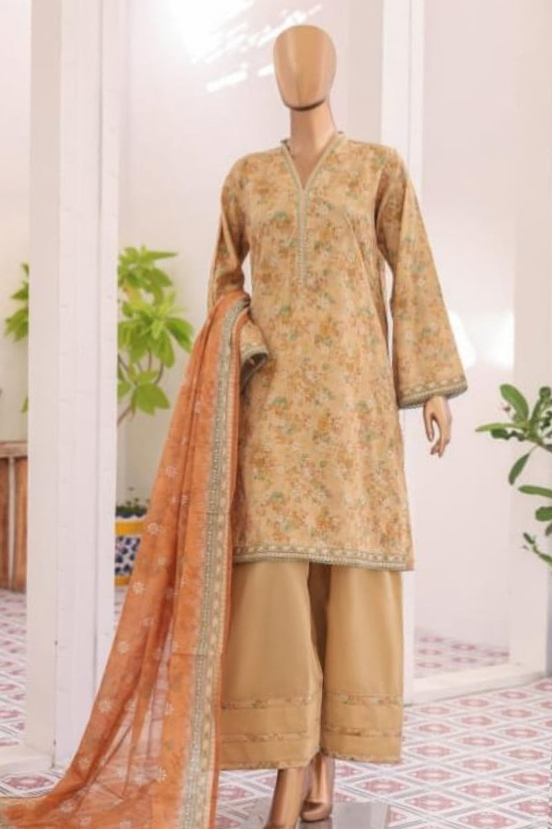 Lawn - Stitched printed 3piece with Farshi Shalwar - Dull Yellow