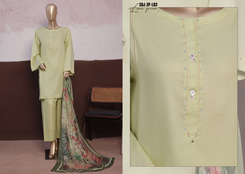 Cambric - Stitched printed 3piece with Lace work - Lime Green