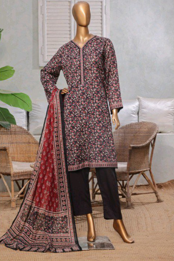 Lawn - Stitched printed 3piece with Lace work - Dark Purple