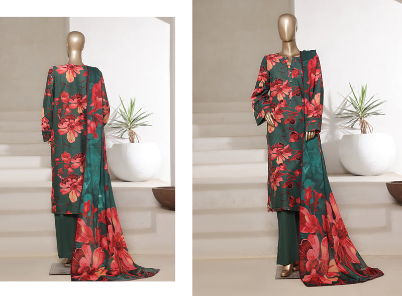 Lawn - Stitched printed 3piece with Lace work - Dark Green