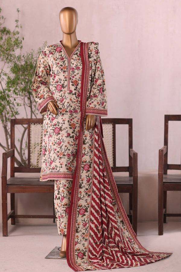 Khaddar - Stitched  printed 3piece with Lace work  -Peach & Maroon