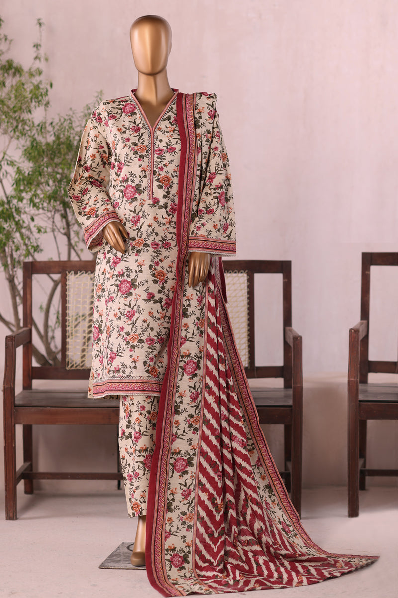 Khaddar - Stitched  printed 3piece with Lace work  -Peach & Maroon