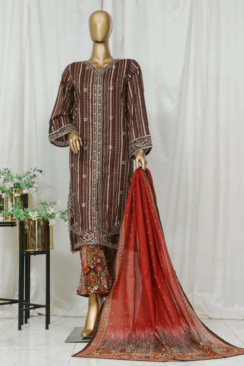 Lawn (front open style) - Stitched Embroidered 3piece with Lace work - Brown