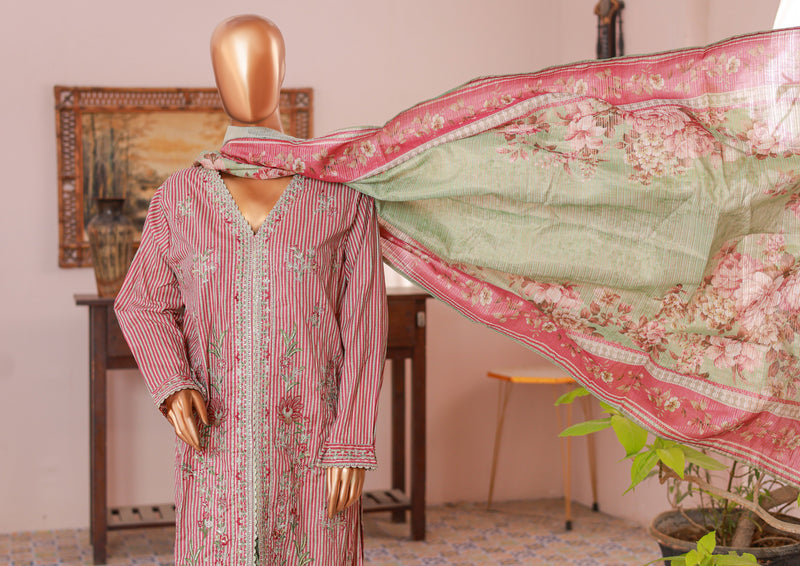 Lawn Self stripe- Stitched Embroidered 3piece with Lace work - Pink