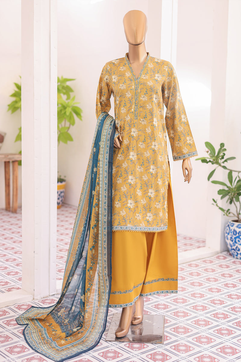 Lawn - Stitched printed 3piece with Farshi Shalwar - Yellow
