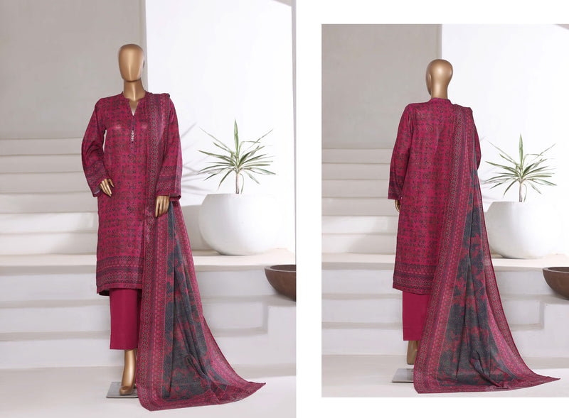 Khaddar - Printed 3piece collection with Lace work - Dark Pink
