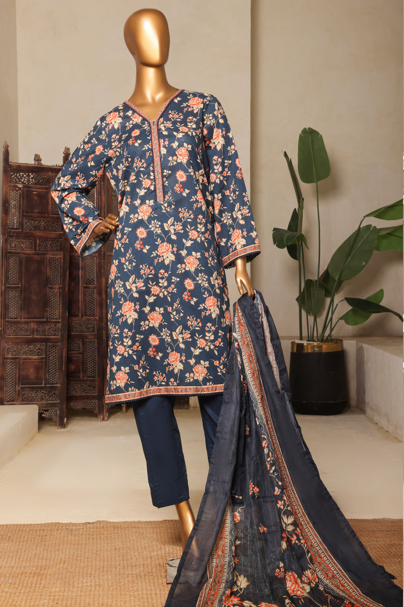 Lawn - Stitched printed 3piece with Lace work - Dark Blue