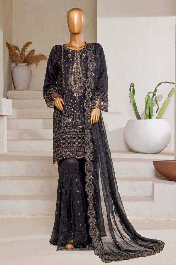Chiffon - Stitched formal 3piece with Handwork - Black
