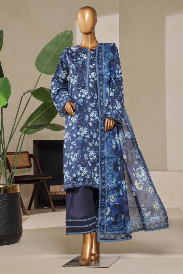 Lawn - Stitched printed 3piece with Farshi shalwar - Blue