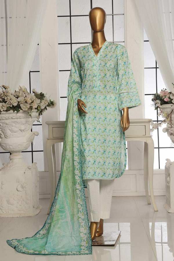 Lawn - Stitched Printed 3piece with Lace work - Green