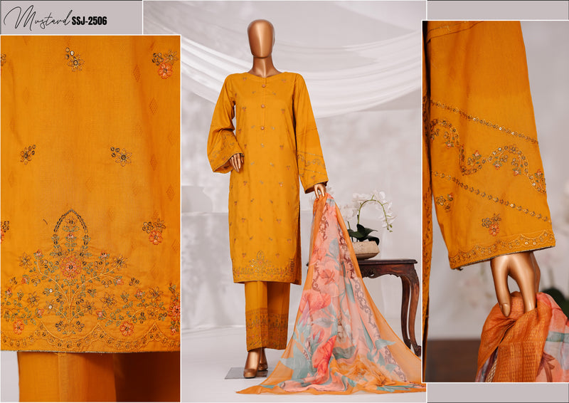 Cambric | Cotton - Stitched Embroidered Printed 3piece with Nannokara Dupatta - Mustard