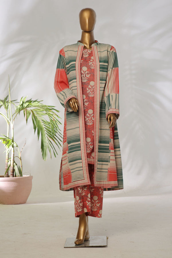 Khaddar Co-ords with coat - Stitched Printed Kurti & Trouser with Coat - Pink