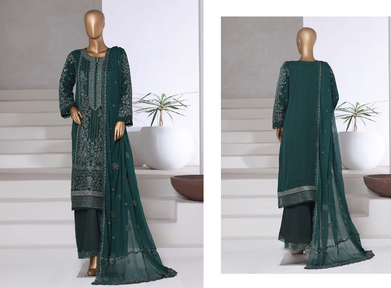 Chiffon - Stitched Formal Embroidered 3piece with Hand work - Green