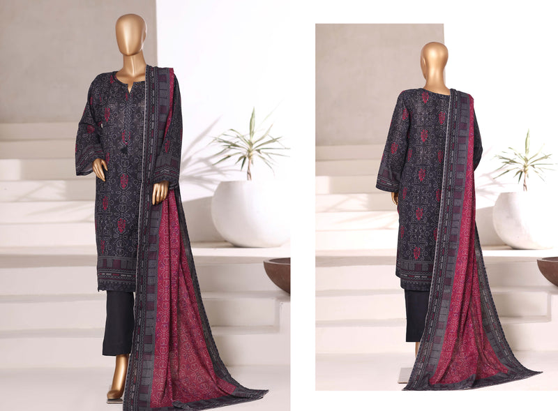 Khaddar - Stitched printed 3piece with Lace work - Black