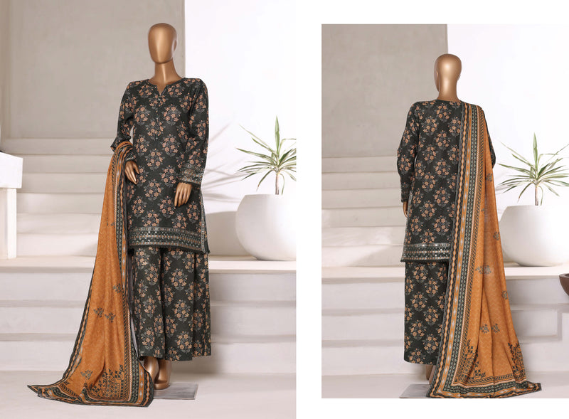 Khaddar - Embroidered 3piece collection with Lace work - Dark Green
