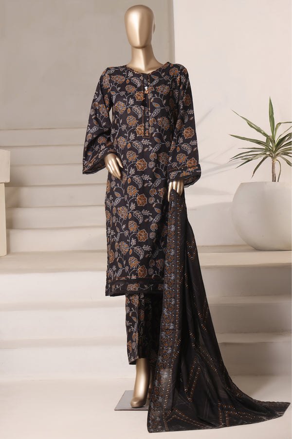 Cambric - Stitched printed 3piece with Lace work - Black Line Art