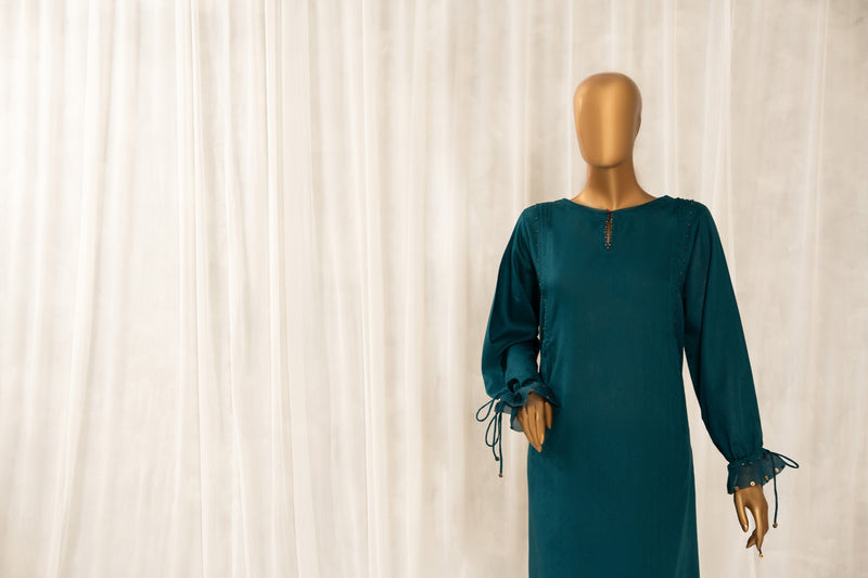 Lawn Jacquard - Stitched Jacquard Shirt with Highlights of Hand Touching Embellishment - Teal