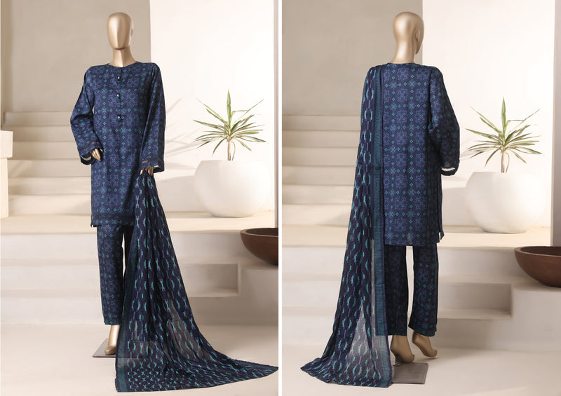 Cambric - Stitched printed 3piece with Lace work - Navy Check
