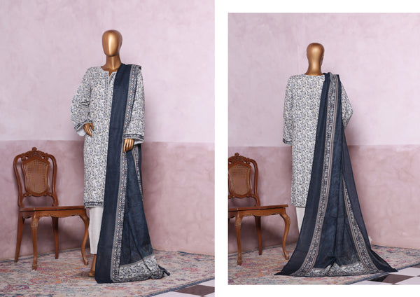 Khaddar - Stitched printed 3piece with Lace work - White & Blue