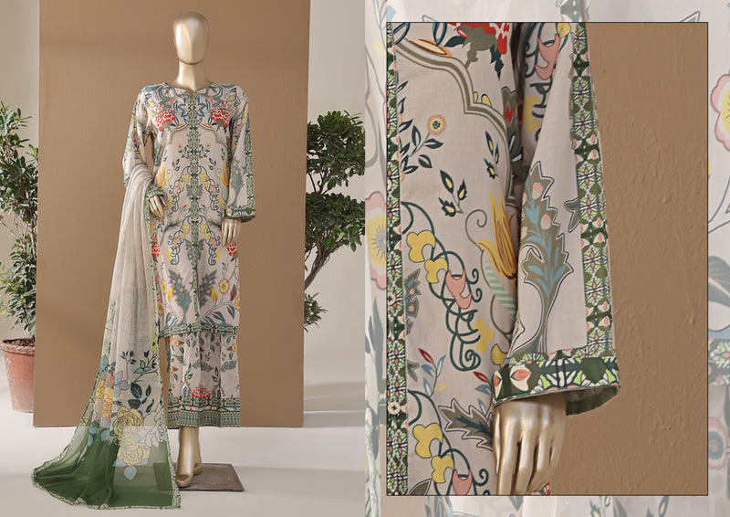 Cambric | Cotton - Stitched printed 3piece with Bamber chiffon Dupatta - Cream