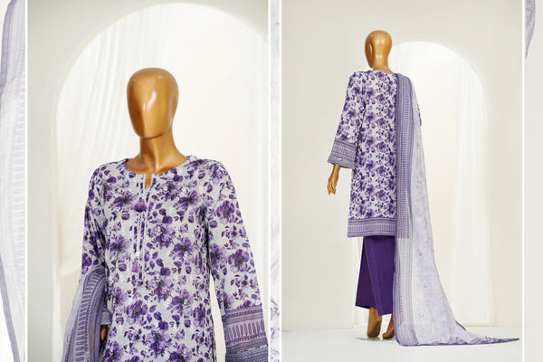 Lawn PrintKari - Stitched Embroidered 3piece with Lace work - Purple