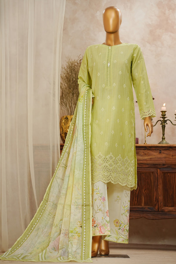 Lawn Slub - Stitched Chikankari Embroidered 3piece with Lace work - Green