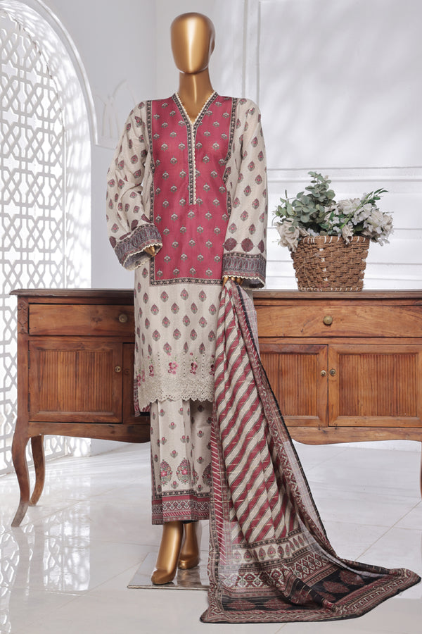 Lawn Chickankari - Stitched Embroidered 3piece with Lace work  - Pink & Grey