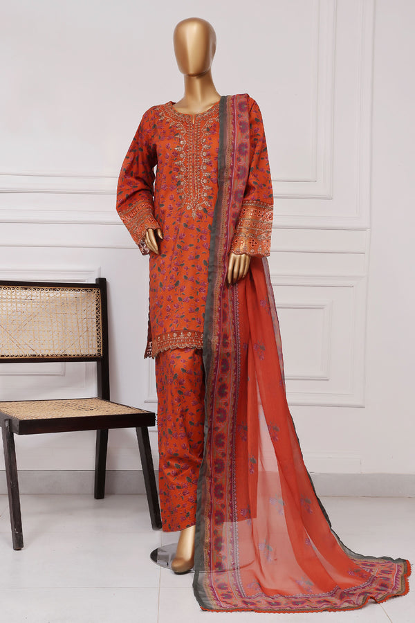 Lawn Farshi- Stitched Embroidered 3piece with Farshi shalwar - Orange