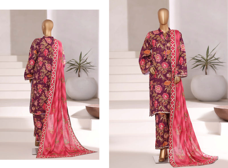 Khaddar - Stitched Embroidered 3piece collection with Lace work - Dark Pink